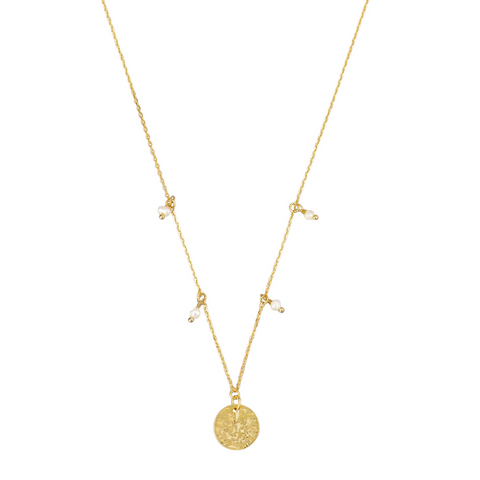 Australian gold and pearl necklace with four tiny pearls and gold disc in the middle 