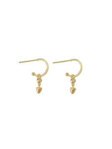two Gold drop huggie earrings with a cubic zirconia drop