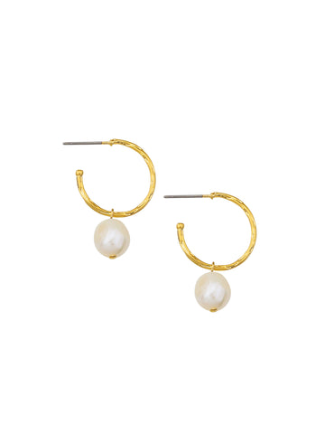 one pair of gold huggie earrings with a pearl drop - rubis pearl hoops