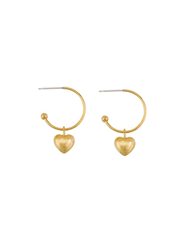 one pair of gold huggie earrings with a heart shaped charm - petite love heart hoops