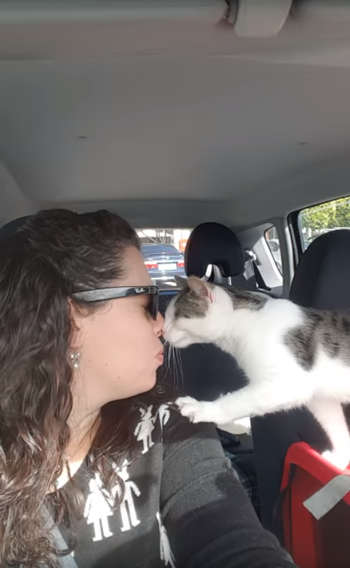 Femme embrassant son chat sur le nez dans sa voiture