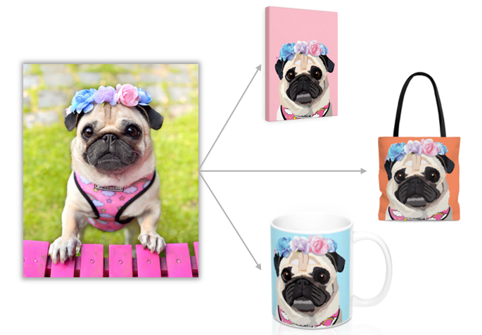 Picture of a pug in a flower crown on custom Cudldle Clones products
