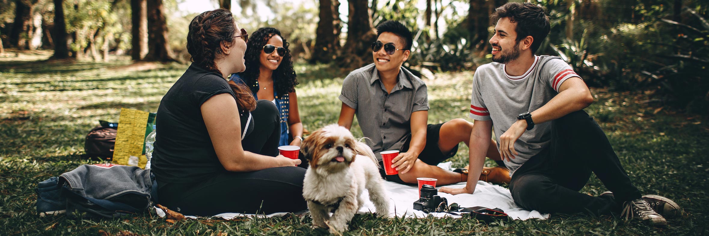 Friends picnicking in the park with their small dog.