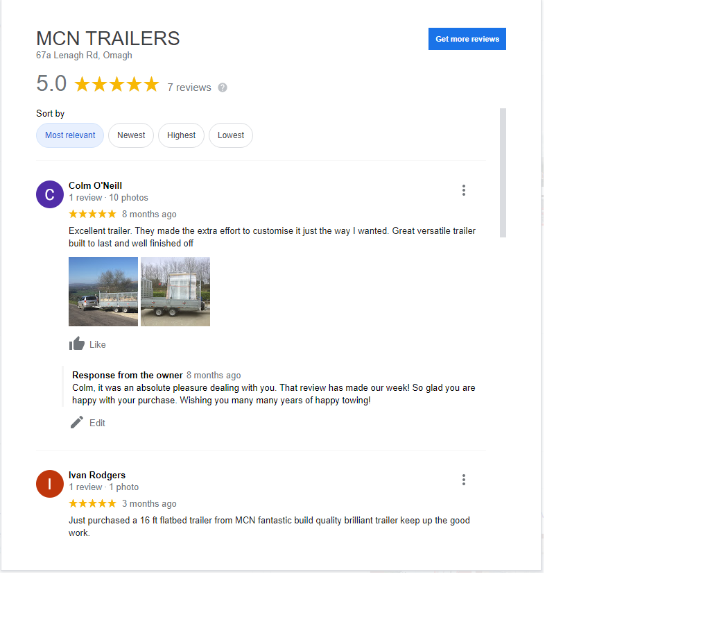 Google Reviews of our trailers
