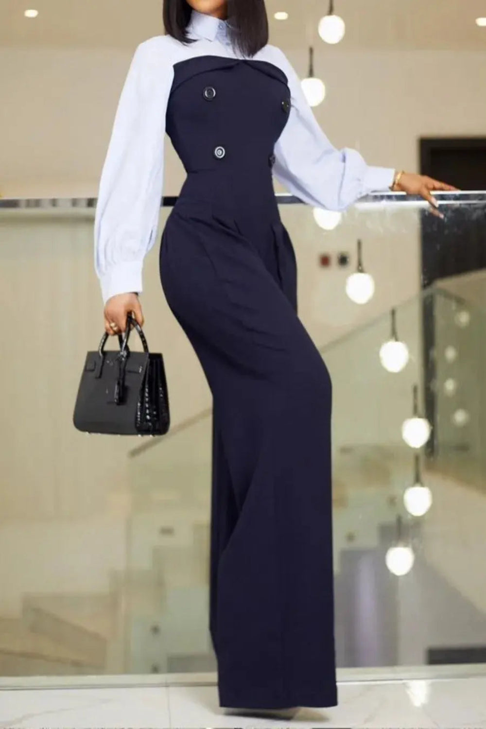 White Lapel Collar Button Accented Wide Leg Jumpsuit