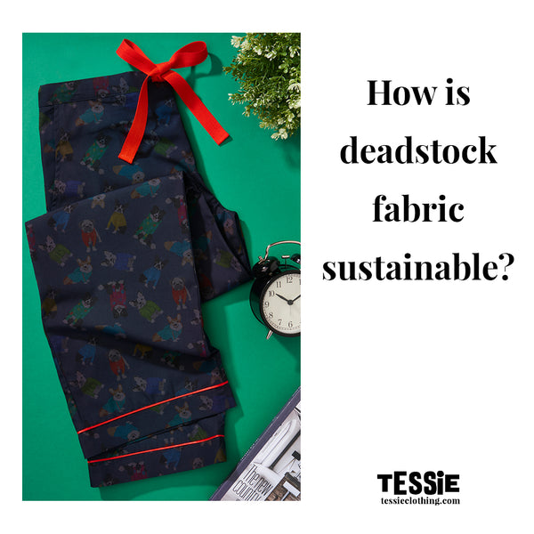 Tessie Clothing - How is deadstock fabric sustainable? Tessie clothing Rascal print pyjama trousers made with Liberty fabric photographed on a green background with an Ikea alarm clock as a flat lay image