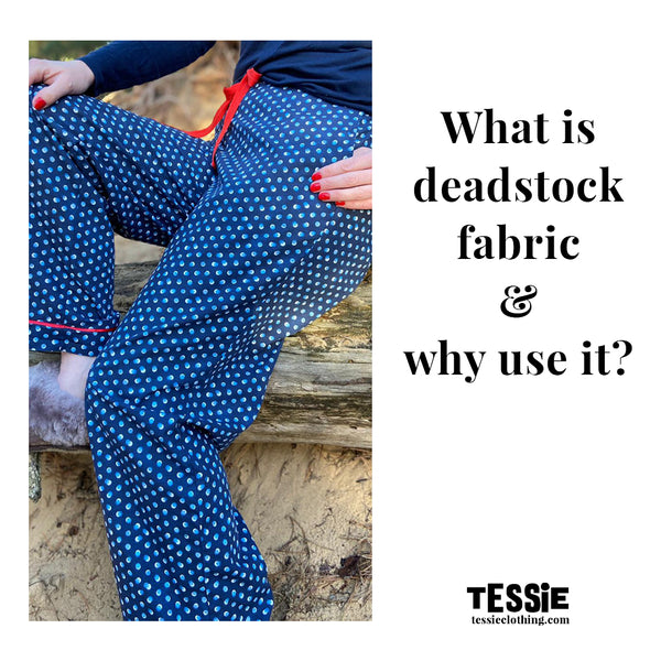 Tessie Clothing - What is deadstock fabric and why use it? Tessie clothing Dotty print pyjama trousers made with Liberty fabric photographed in Wells Next The Sea Pine Forest.