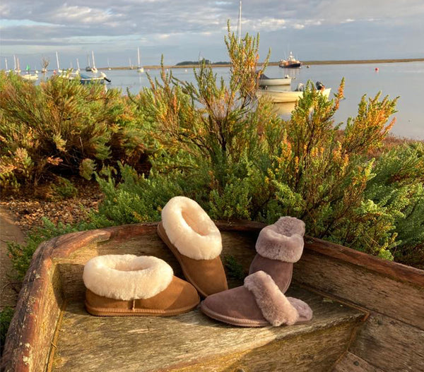 Tessie Sheepskin Slippers on a boat in Wells next the Sea