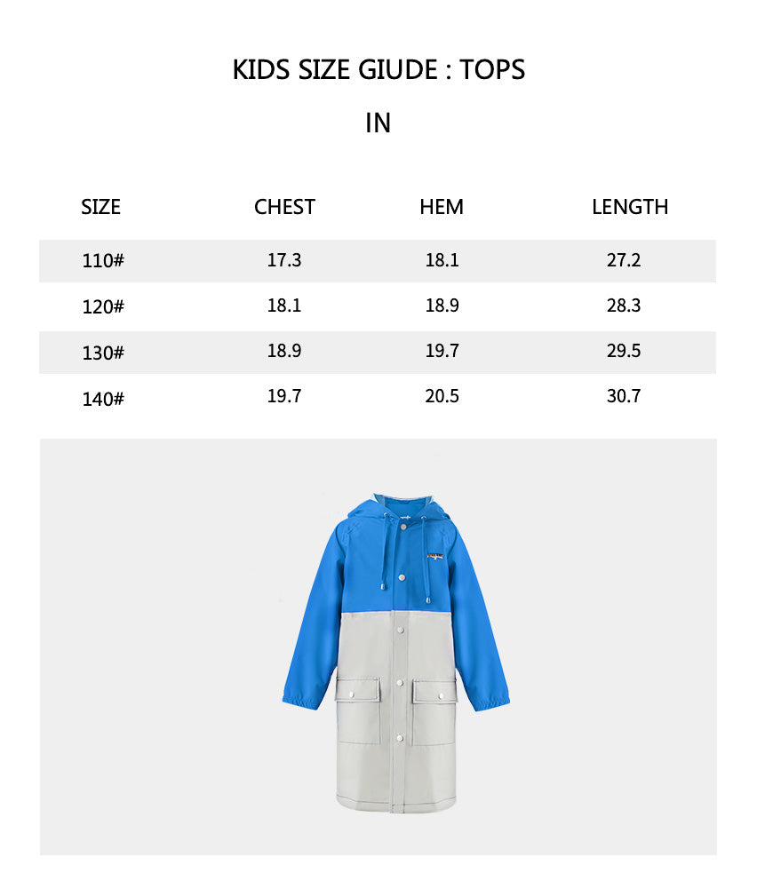 Sizechart of Kid’s Two-tone Rainproof Coat