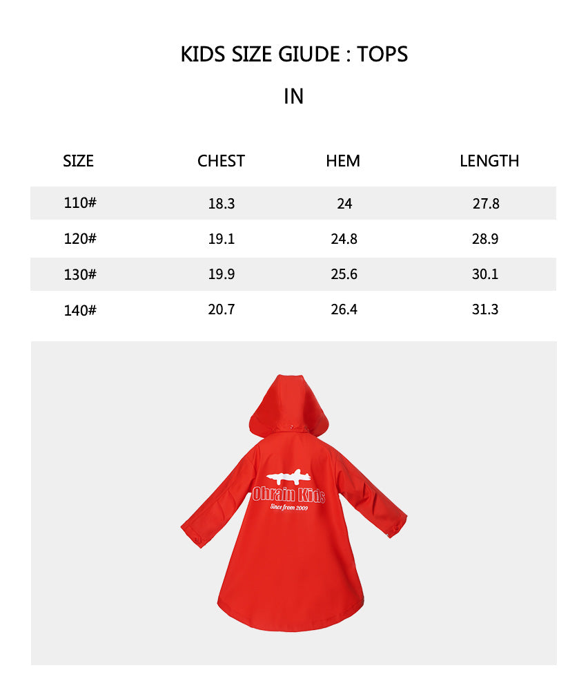 Size chart of Kid’s Waterproof Raincoat