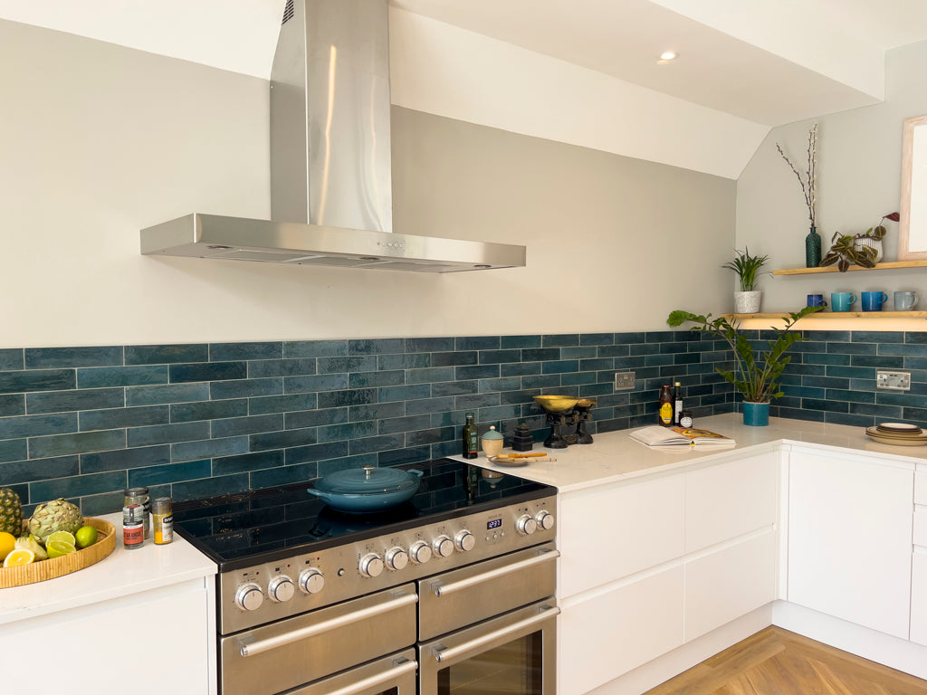 White Kitchen with Blue Tiles Splashback - Ivywell Interiors