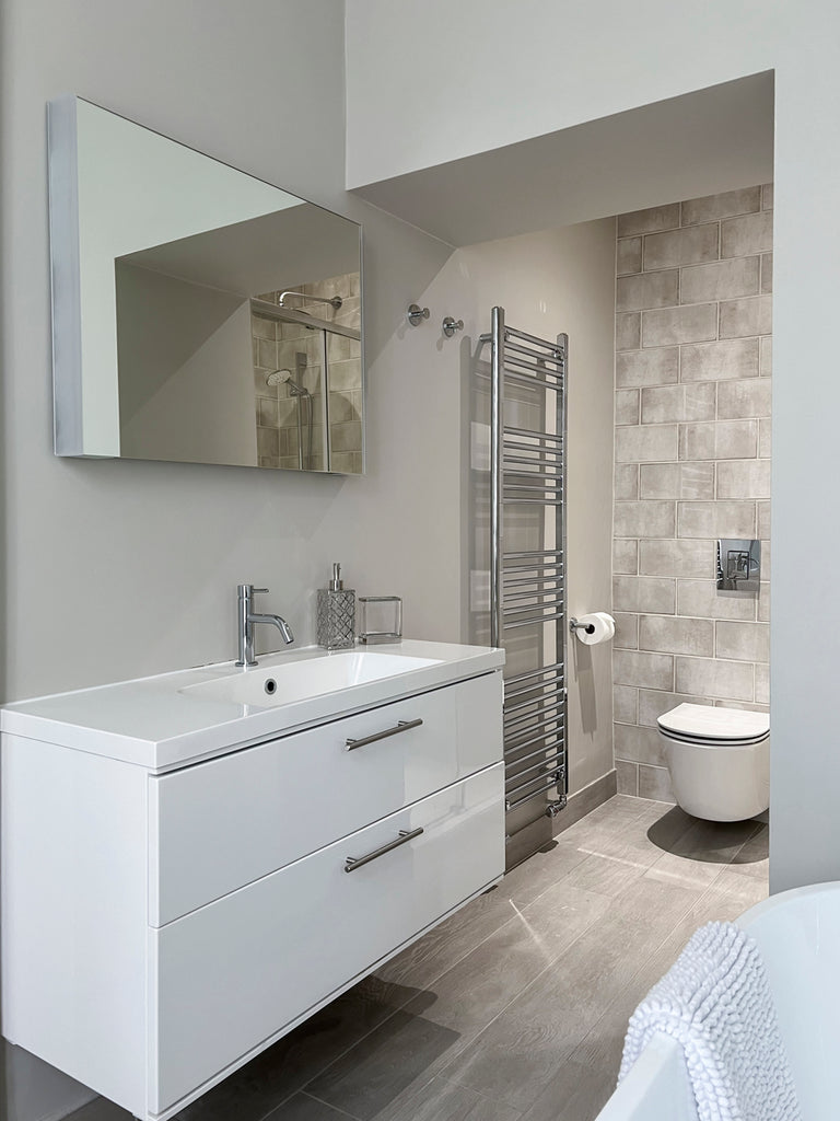 Neutral bathroom with wall hung white vanity unit