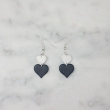 Load image into Gallery viewer, Small and Large Double Heart Solid Black with White Marble Handmade Dangle Earrings
