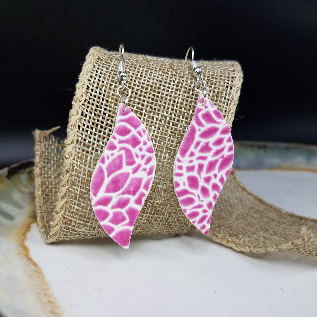 Leaf Floral Pattern Purple/Pink & White Dangle Handmade Earrings