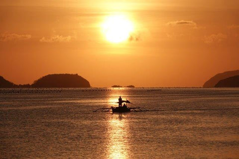 A boat sailing on calm waters during sunset, near a pearl farm.