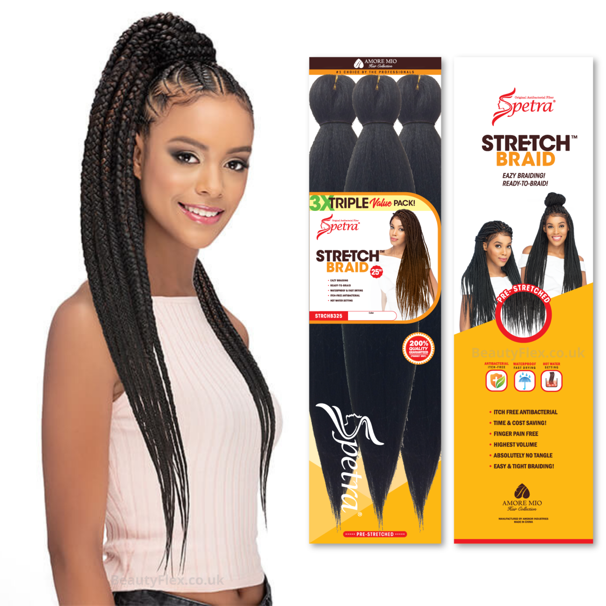 Spetra Spectra Ez Braid Pre-Stretched Braiding Hair 25 inch pack of 3 |  BeautyFlex UK