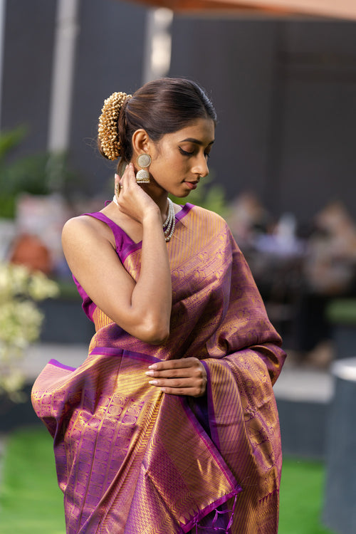 Electric Purple Zari Work Kanjeevaram Silk Saree - House of Vardha