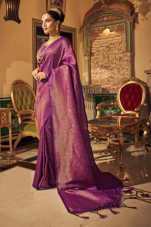 Checked Purple Kanjeevaram Silk Saree With Pink Border