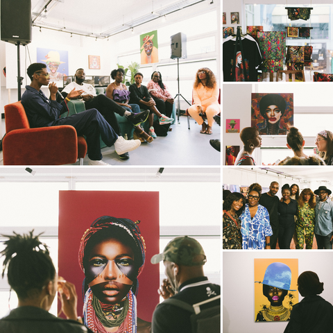 Collage on images from Chinakwe pop up event event titled ‘Colourism: The truth about skin tone bias’ featuring Carolaine Chinakwe, Brenda Emmanus (OBE), Simon Bartholomew, lead guitarist and founding member of The Brand New Heavies, and actor Charles Venn. 
