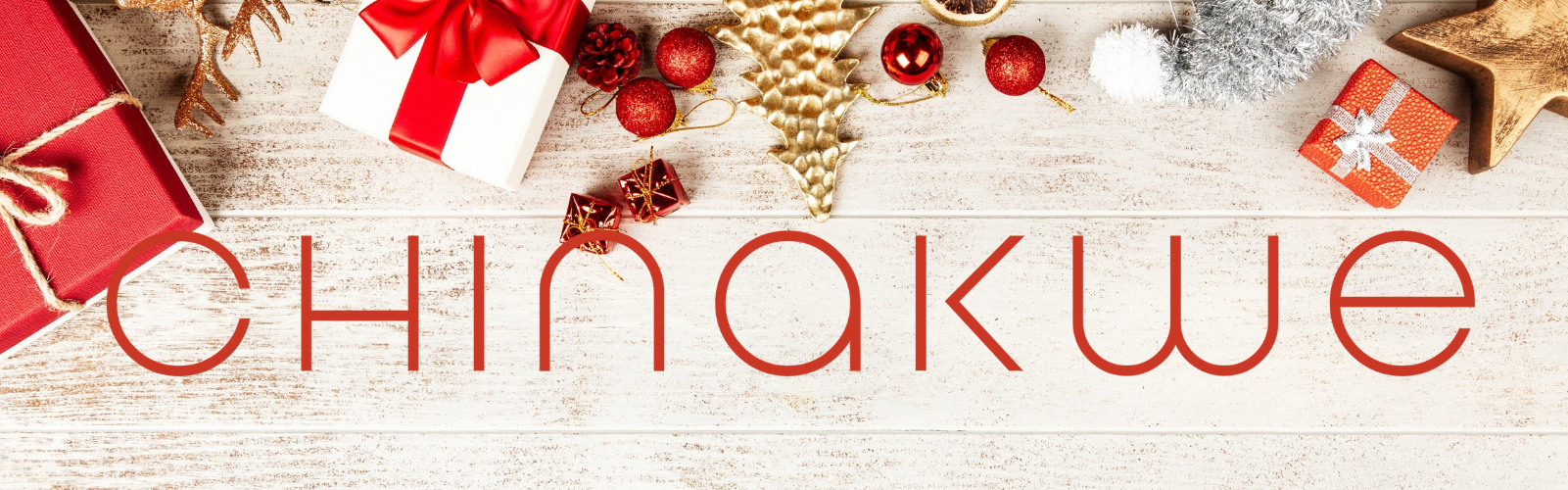 Chinakwe brand logo placed on wooden background surrounded by Christmas decorations and presents