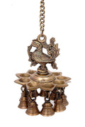 Brass Peacock Diya Oil Lamp With Bells Hanging Showpiece 