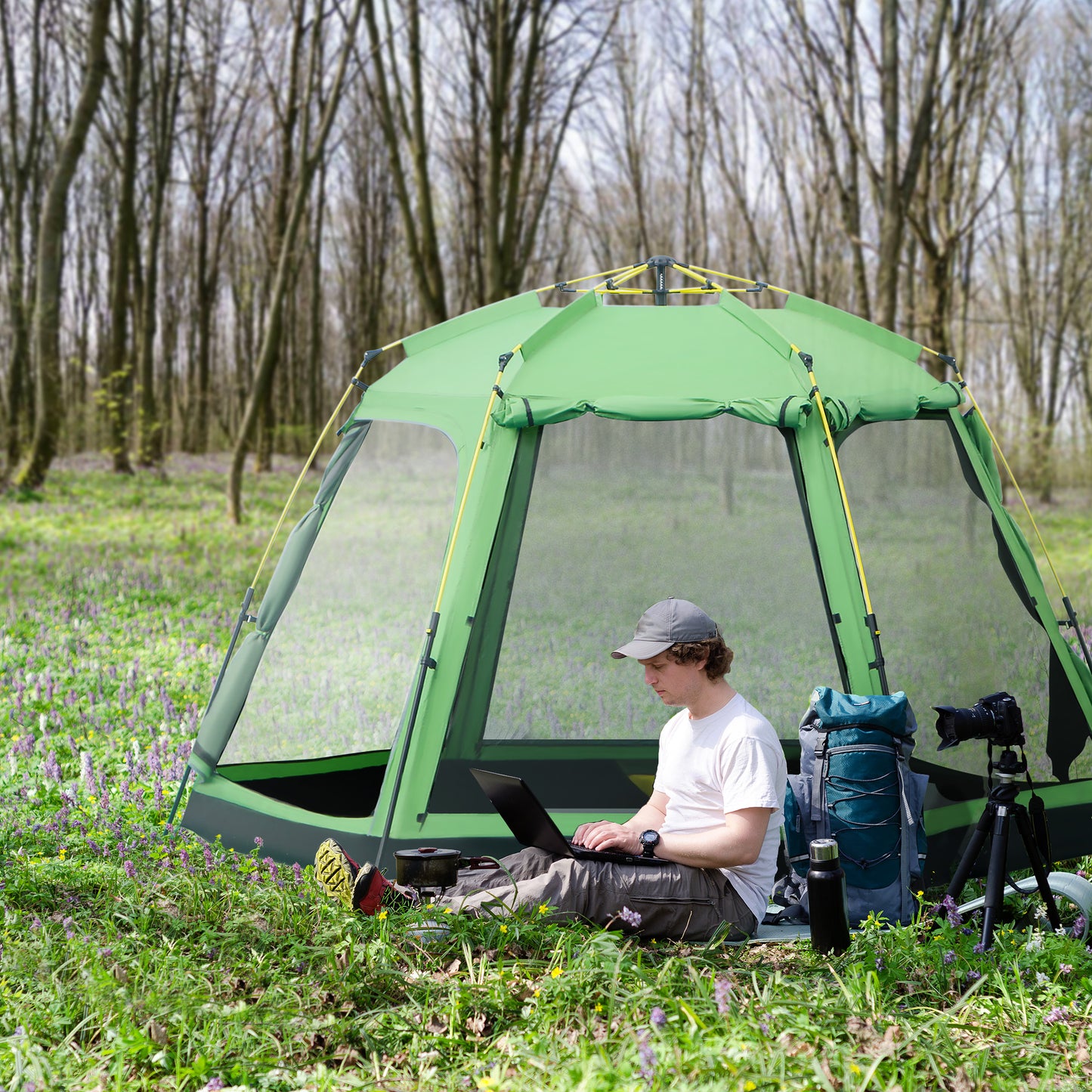 Outsunny Dark Blue Person Steel Pop Up Hexagon Camping Tent With Rain Cover  Windows Doors Carry Bag A20-278V01DB The Home Depot 