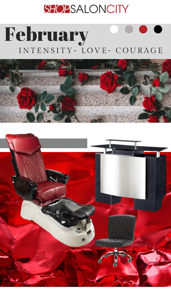 mood board with red pedicure chair, black pedicure stool , black reception desk