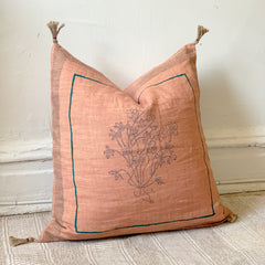 Block Printed Linen Throw Pillow with Tassles