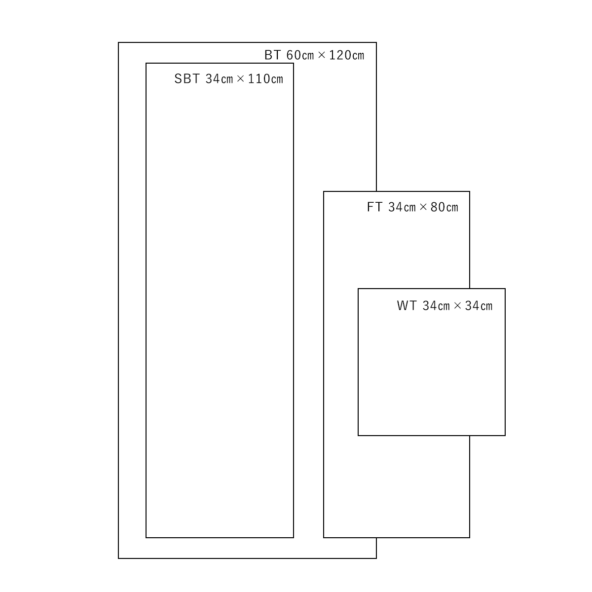 SBT 34cm x 110cm BT 60cm x 120cm FT 34cm x 80cm WT 34cm x 34cm