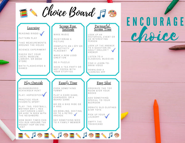 Choice Board of Screen Free Activities- Digital Download - 2 Paper Sisters