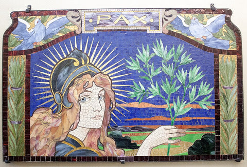 Pax, mosaic by Miksa Róth, which received the silver medal at the Paris World Exhibition in 1900. It is a mural depicting the godess Athena holding an olive branch, above her are two birds flanking the word 'Pax'