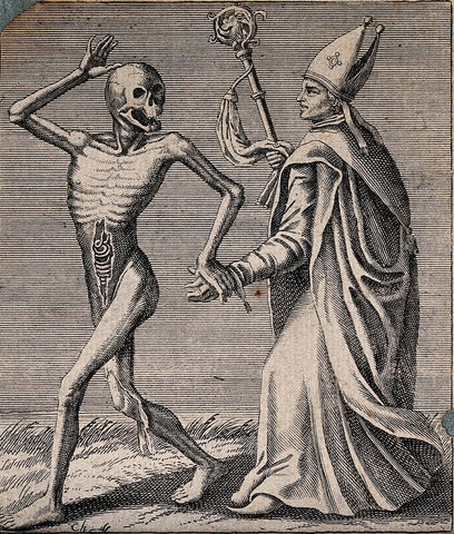 Dance of death: death and the bishop. Etching attributed to J.-A. Chovin, 1720-1776, after the Basel dance of death.