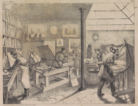 Printing workshop with a lithographer and a plate printer
