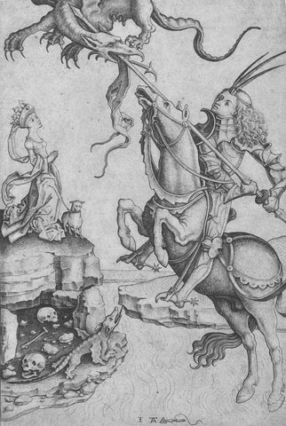 Illustration of St George slaying the dragon while the princess looks on