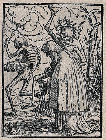 The dance of death: the old woman. Woodcut by Hans Holbein the younger.