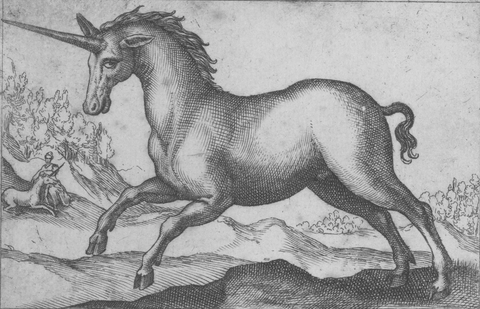 Illustration in black and white of a unicorn