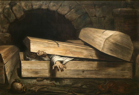 Antoine Wiertz: The Premature Burial; a painting depicting a man crawling out of a coffin. He is sick with cholera and was mistakenly identified as dead
