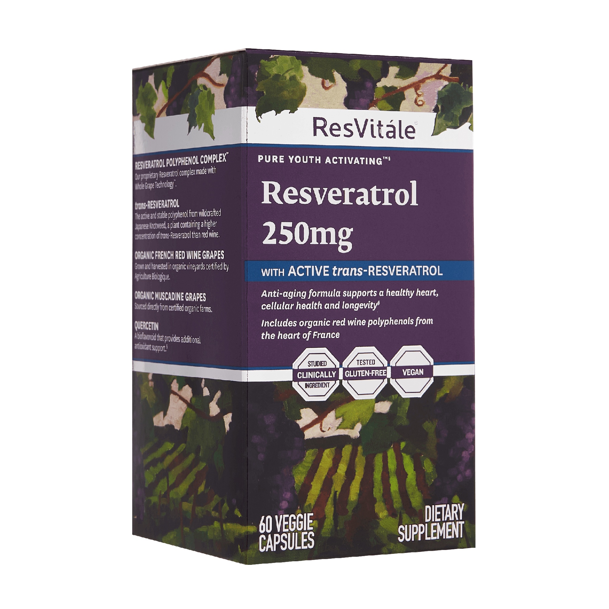 ResVitale, Resveratrol 250mg, Active trans-resveratrol, anti-aging formula, supports healthy heart, cellular health, longevity, red wine polyphenols from France, gluten-free, vegan, 60 capsules