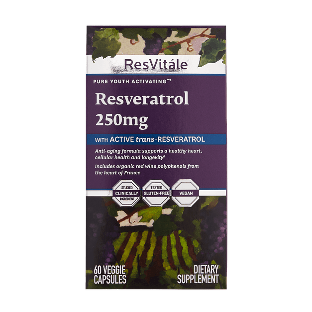 ResVitale, Resveratrol 250mg, Active trans-resveratrol, anti-aging formula, supports healthy heart, cellular health, longevity, red wine polyphenols from France, gluten-free, vegan, 60 capsules