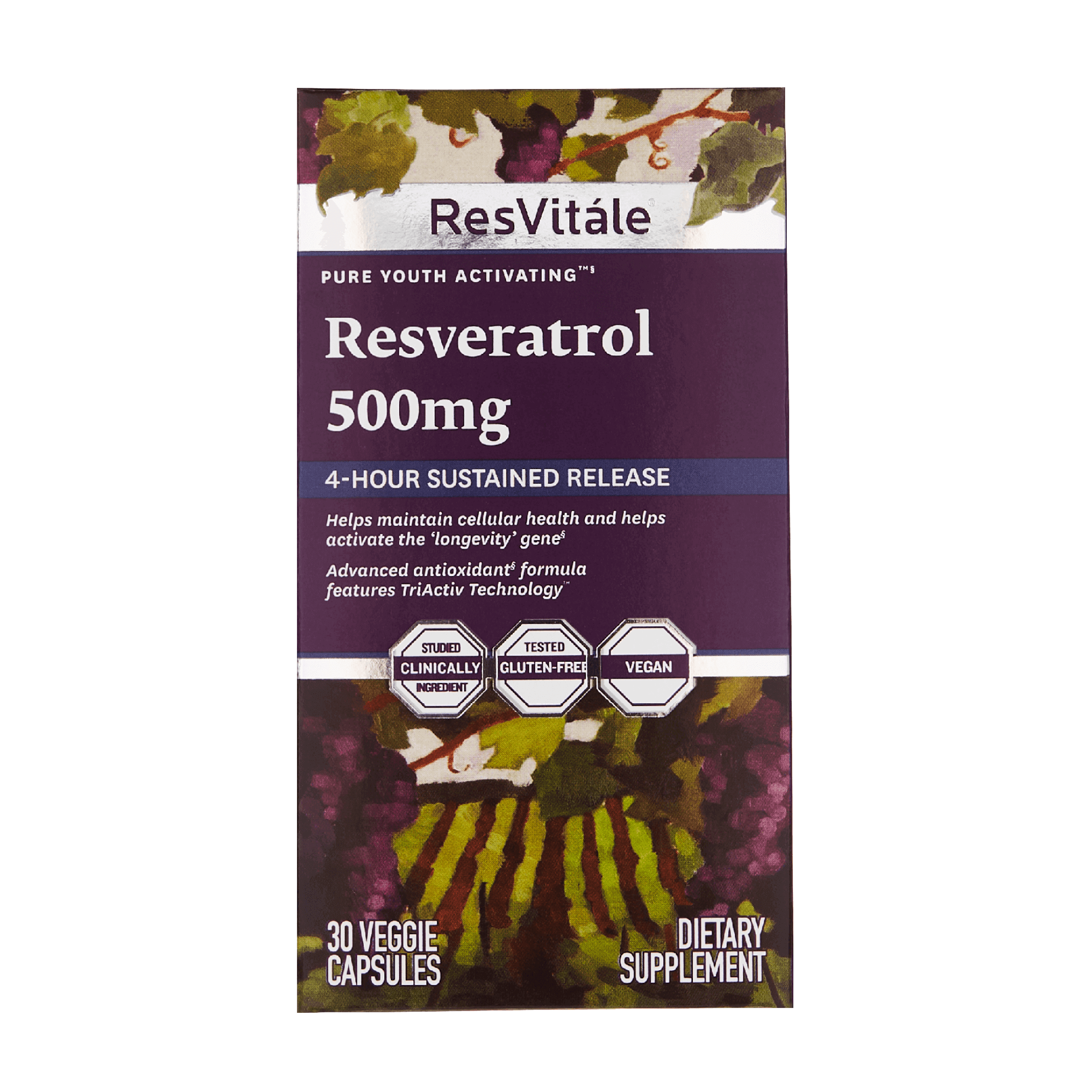 ResVitale, Resveratrol 500mg, 4-hour sustained release, helps maintain cellular health, activates longevity gene, advanced antioxidant, features TriActiv Technology, gluten-free, vegan, 30 capsules