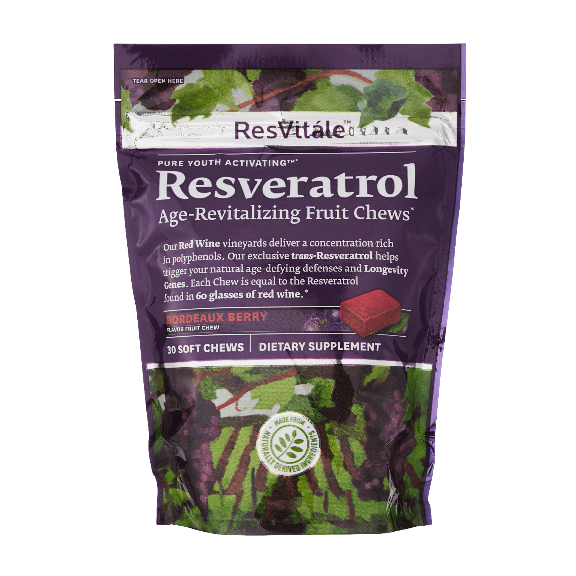 ResVitale, Resveratrol Chews, Age-Revitalizing, red wine concentrated polyphenols, trans-resveratrol, natural age-defying, longevity genes, berry flavored, natural ingredients, 30 soft chews