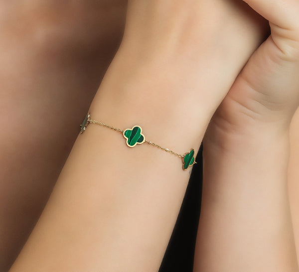 14K Solid Gold Green Clover Bracelet | 14K Yellow Gold Four Leaf Clover Bracelets for Women | Dainty Gold Luck Bracelets | Women's 14K Gold Jewelry