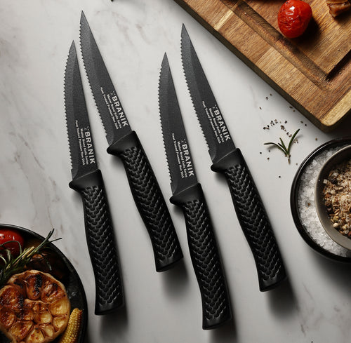  lief + svein German Steel Steak Knife Set. 6 Pc Steak knives  with block. Premium 1.4116 Stainless Steel Knives with highly polished  handles. Sharp serrated steak knives set of 6. Best