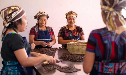 Mayan women peeling cacao beans