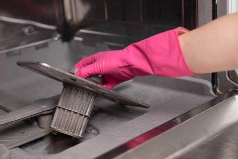 woman cleans the dishwasher filter