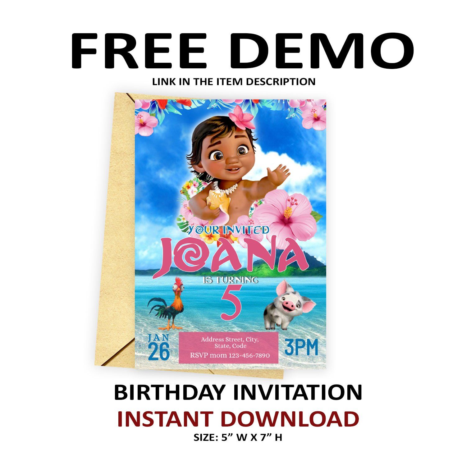 Birthday Invitation Baby Moana Birthday Theme Editable Template