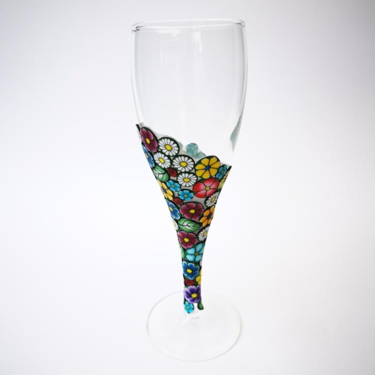 Champagne flute wine glass hand-decorated in New Zealand,  with a  polymer clay veneer of pretty, colourful, flowers for a gift, wedding or special birthday.