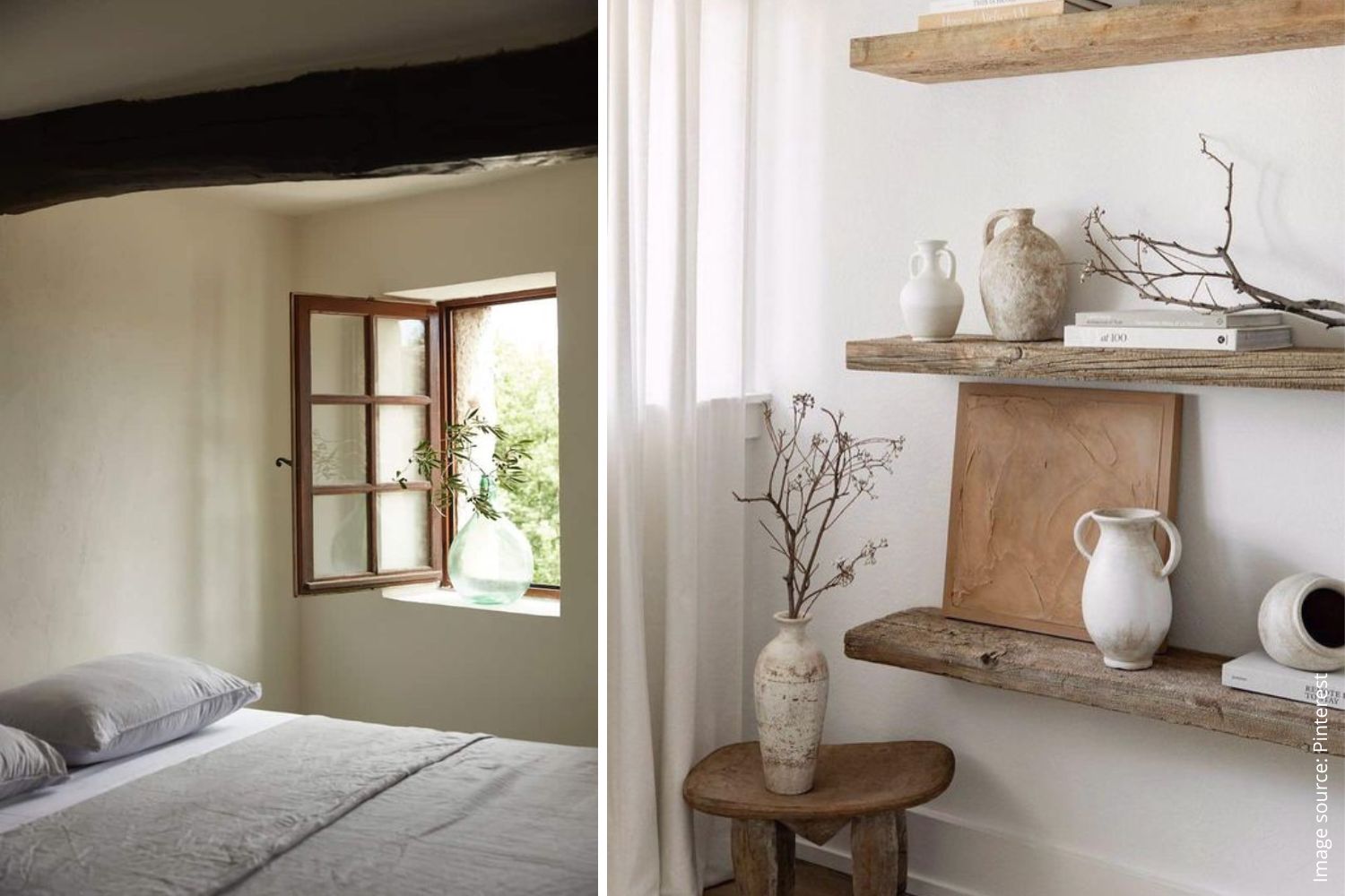 rustic bedding and wooden shelves