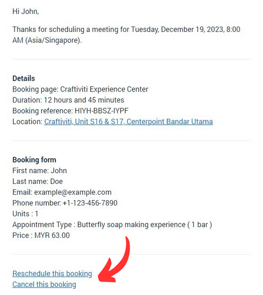 Booking email example