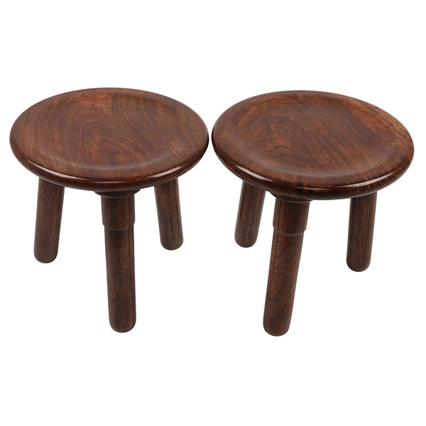 Brown Round Wooden Stool | Modern End Table with 3 Fordable Legs ( Pack of 2) 